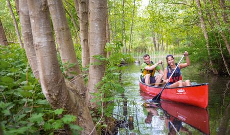 zwei Personen fahren im roten Kanu auf Fluss, urwüchsige Natur, Sommer, Mecklenburgische Seenplatte, Foto: TMV/outdoor-visions.com