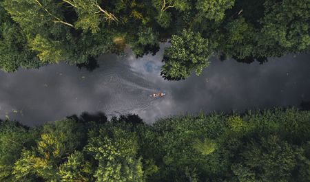 Elde bei Ludwigslust-Parchim, Luftaufnahme Kanu, Bäume am Ufer, Foto: TMV/danielschrammfotografie